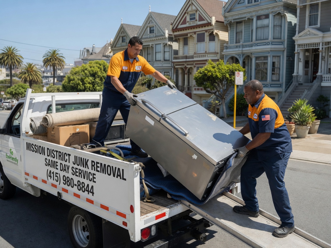 Haulers loading refrigerator onto junk removal truck