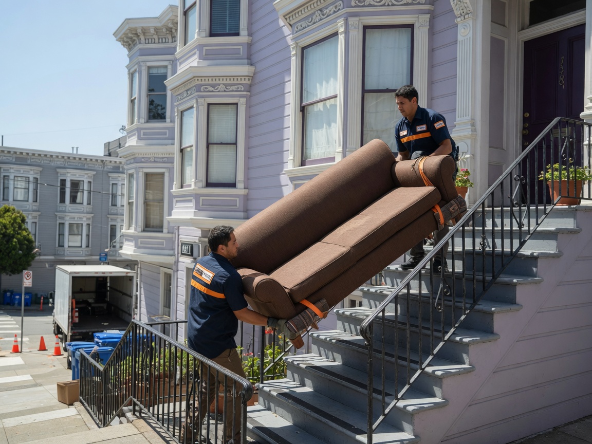 Crew carrying sofa down Victorian stairs for furniture removal